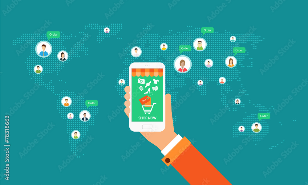 Poster global business shopping on line on mobile device
