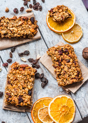 granola bars citrus, peanut butter and dried fruit, healthy food