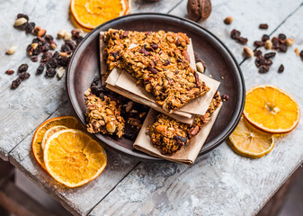 granola bars citrus, peanut butter and dried fruit, healthy food