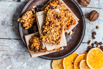 granola bars citrus, peanut butter and dried fruit, healthy food
