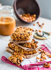 protein bars granola with seeds, peanut butter and dried fruit,