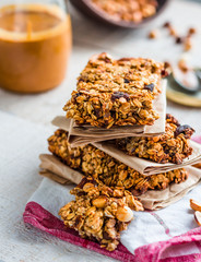 protein bars granola with seeds, peanut butter and dried fruit,