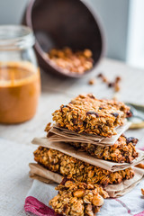 protein bars granola with seeds, peanut butter and dried fruit,