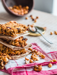 protein bars granola with seeds, peanut butter and dried fruit,