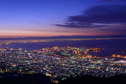 Osaka and Kobe in the twilight, View from the Kukuseidai of Mt.M