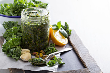 Kale pesto with pistachios, garlic and olive oil