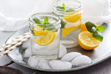 Refreshing cold water with lemon and mint