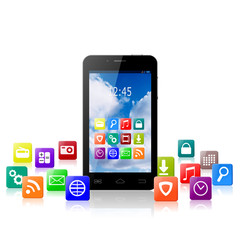 Touchscreen smartphone with cloud of colorful application icons