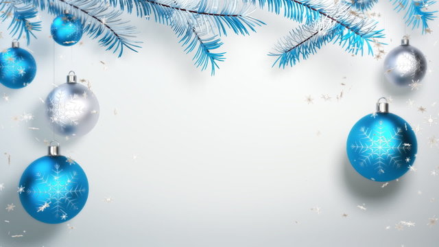 Blue Christmas balls  and  snow with free space in the middle