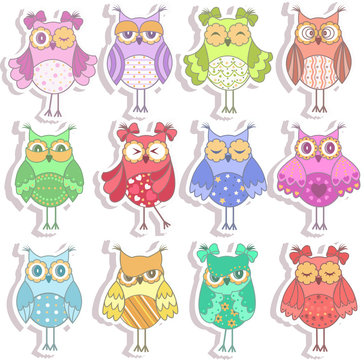 Set of multicolored, beautiful owls