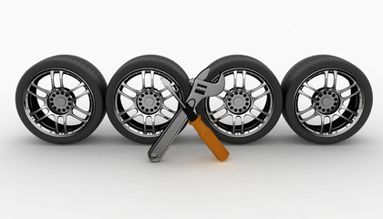 Obraz na płótnie Canvas Wheel and Tools. Car service. Isolated 3D image