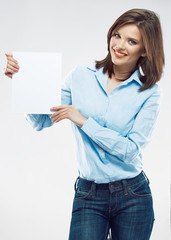 Business woman hold white banner.