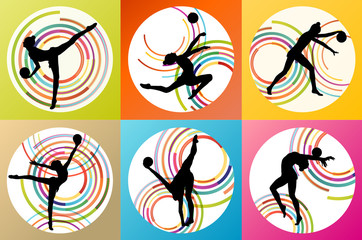 Art gymnastics with balls vector background set