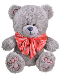 Grey furry teddy bear with red bow