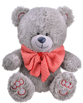 Naklejki Grey furry teddy bear with red bow