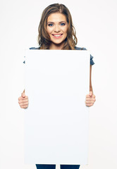  studio portrait of young woman with sign card.