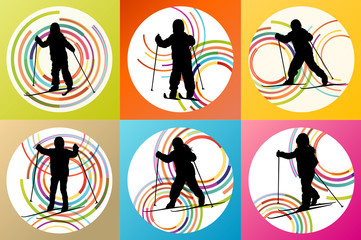 Active children, kid skiing set sport silhouette vector backgrou