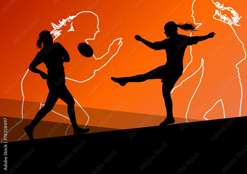 Wall mural rugby player active young women sport silhouettes abstract backg