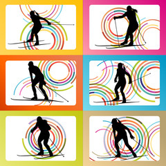 Woman skiing set silhouette vector background
