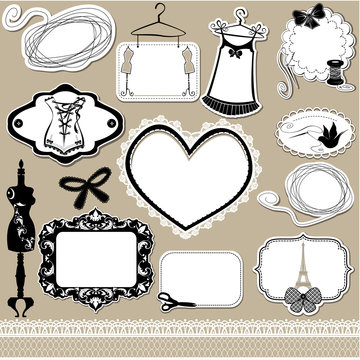Set of frames, symbols, tools and accessories for sewing studio