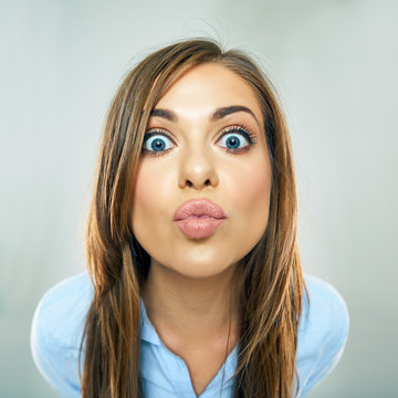 woman show kiss lips, face portrait of business woman. funny fa