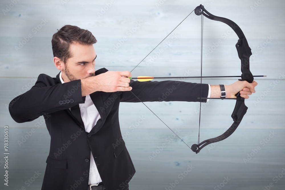 Poster composite image of elegant businessman shooting bow and arrow