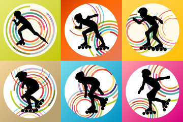 Roller skating silhouettes vector background winner - obrazy, fototapety, plakaty