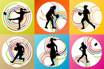 Rugby player woman silhouette vector background set