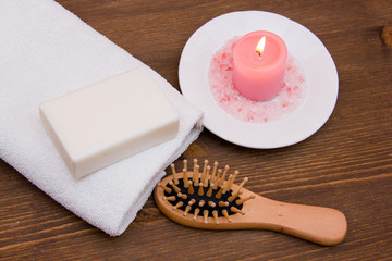 Accessories for body care on wooden table seen from above