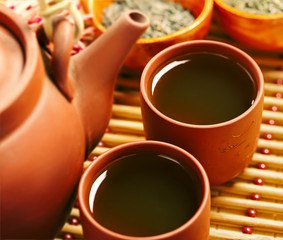 Green tea in Chinese cup and teapot