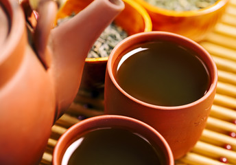 Green tea in Chinese cup and teapot
