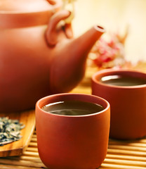 Green tea in Chinese cup and teapot