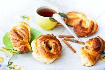 buns and cup of tea on tray