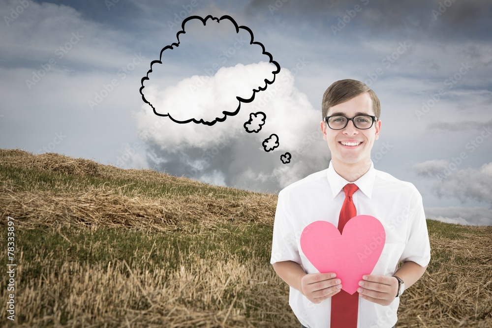 Poster composite image of geeky hipster holding heart card