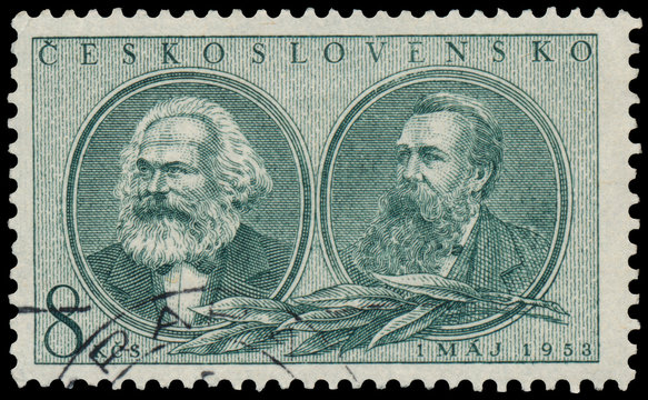 Stamp printed by Czechoslovakia shows Marx and Engels