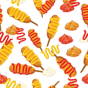 Corn Dog With Ketchup And Mustard Seamless.