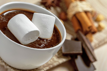Hot chocolate with marshmallow in cup, close up