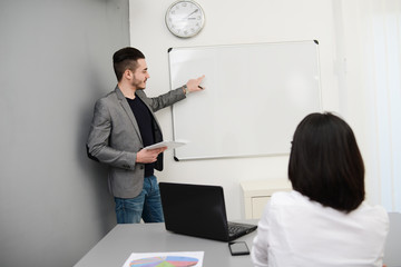 young business man or teacher working on white board