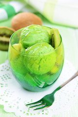 Delicious ice cream on table close-up