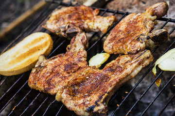 Steak, sausage, onion, red pepper and toast on a BBQ