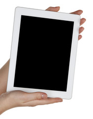 Hands holding tablet PC isolated on white