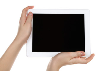 Hands holding tablet PC isolated on white