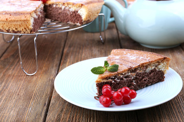 Tasty homemade pie on table