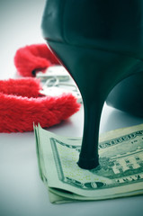 high heel, pound starling bills and sexy fluffy handcuffs