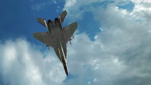 Fighter jet animation flying through cloudy sky.