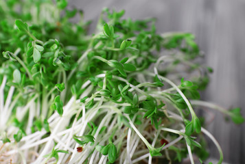 Fresh cress salad on napkin and blurred wooden planks