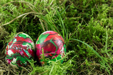 Zwei Ostereier im Moos