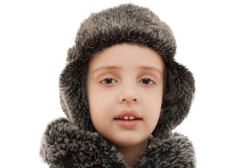 winter hat fur hood kid portrait closeup isolated