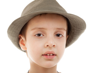 kid boy hat portrait closeup isolated white