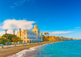 beautiful bay and the municipal building in Kos island in Greece - obrazy, fototapety, plakaty